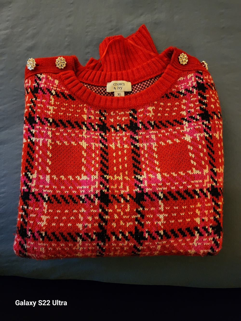 crown & ivy Red Plaid Turtleneck Sweater with Gold Button Accents